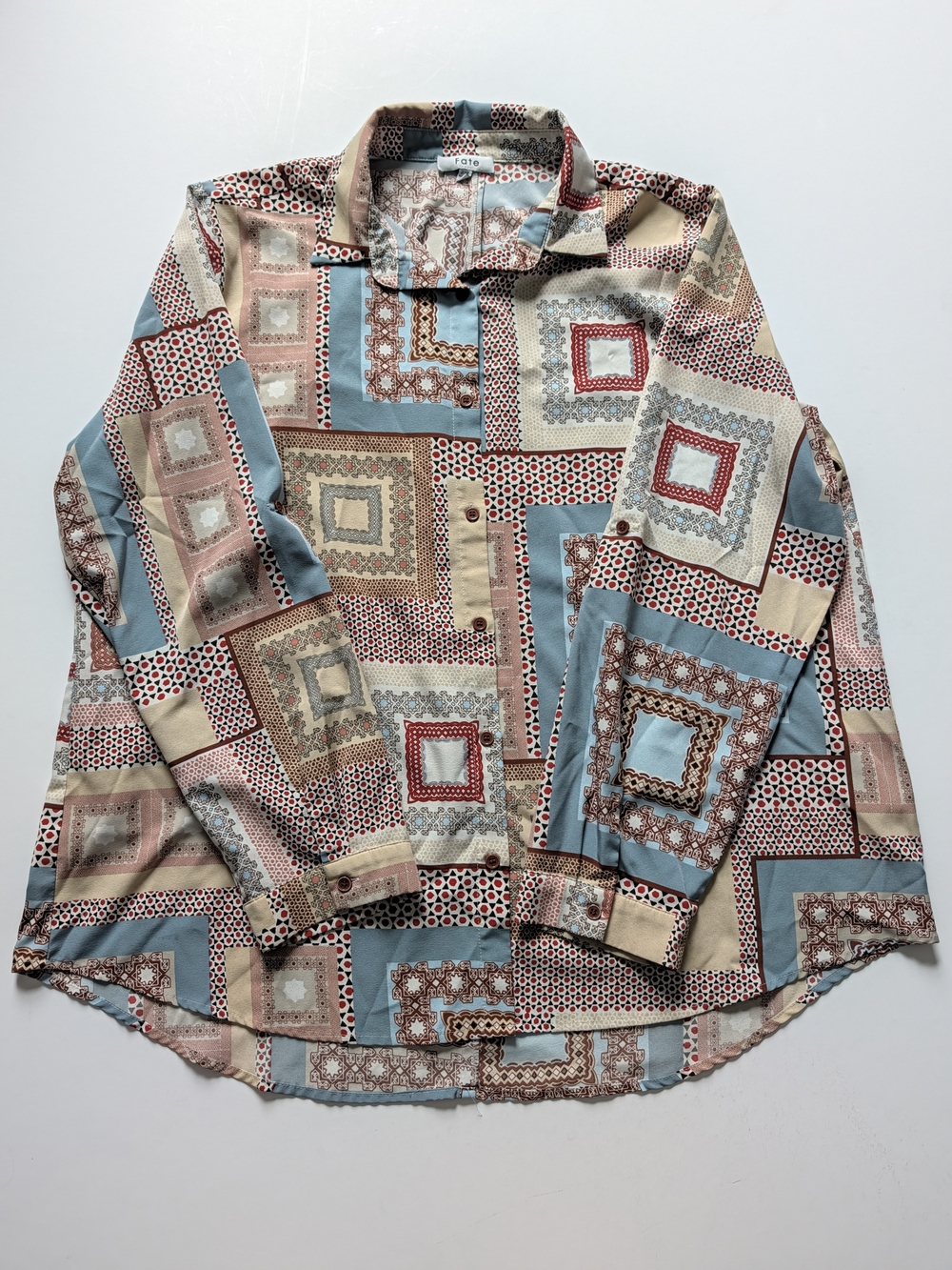 Fate Women's 2XL Geometric Patchwork Print Button-Up Blouse